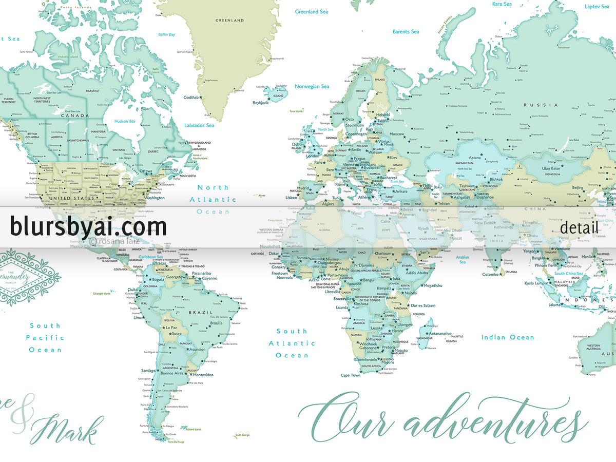 Art print on paper: custom world map with cities in dreamy mint and green. "Ninfa"