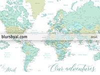 Art print on paper: custom world map with cities in dreamy mint and green. "Ninfa"