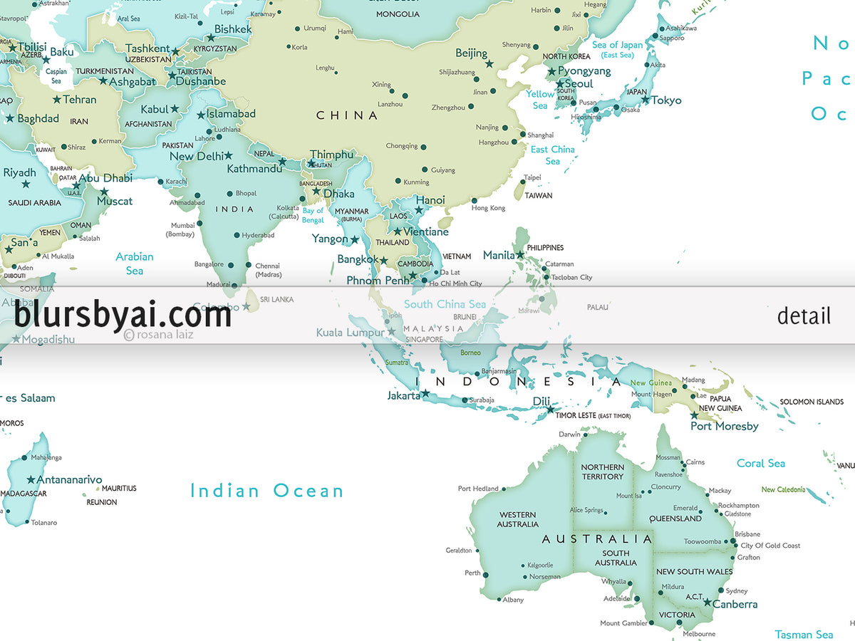 Art print on paper: custom world map with cities in dreamy mint and green. "Ninfa"