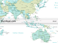 Art print on paper: custom world map with cities in dreamy mint and green. "Ninfa"