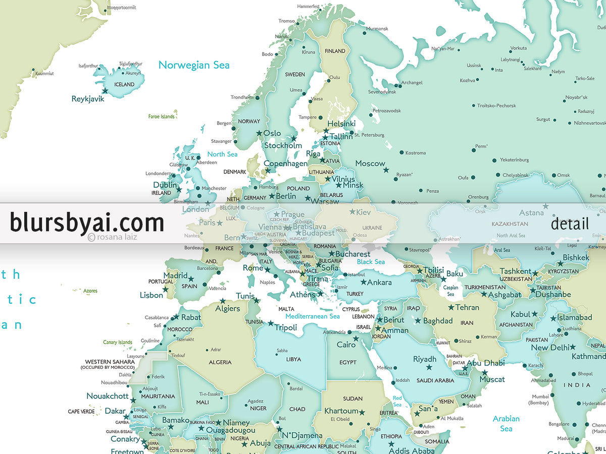 Art print on paper: custom world map with cities in dreamy mint and green. "Ninfa"