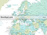 Art print on paper: custom world map with cities in dreamy mint and green. "Ninfa"