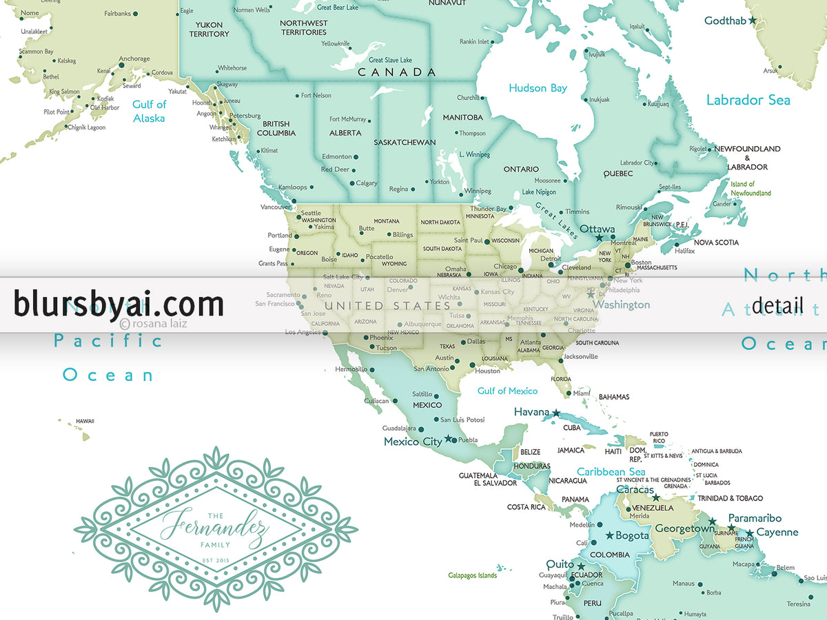 Art print on paper: custom world map with cities in dreamy mint and green. "Ninfa"