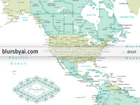 Art print on paper: custom world map with cities in dreamy mint and green. "Ninfa"