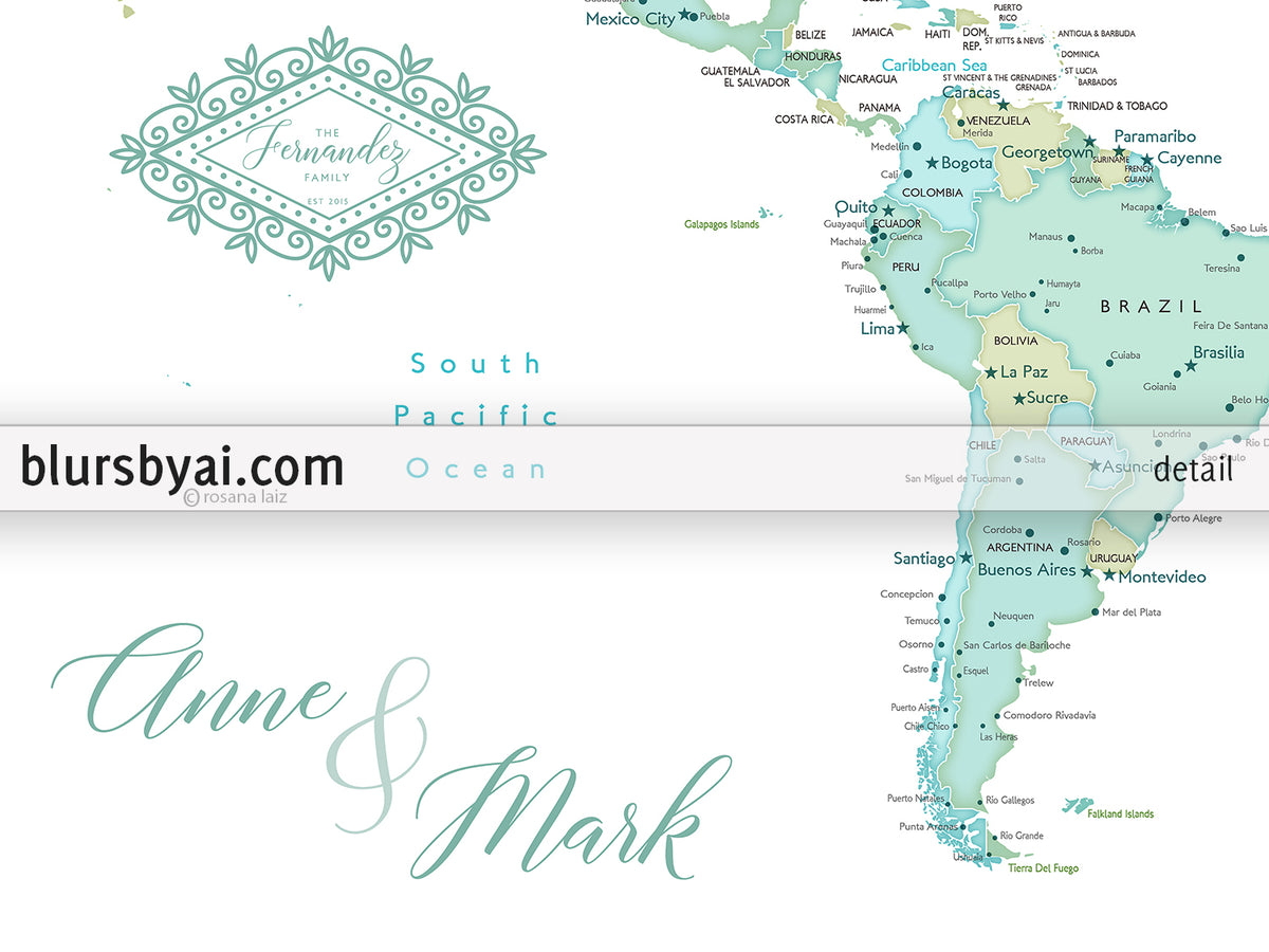 Art print on paper: custom world map with cities in dreamy mint and green. "Ninfa"