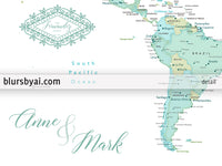 Art print on paper: custom world map with cities in dreamy mint and green. "Ninfa"