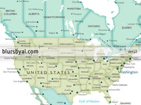 Art print on paper: custom world map with cities in dreamy mint and green. "Ninfa"