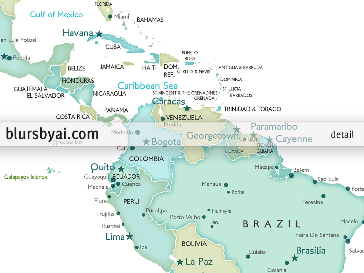 Art print on paper: custom world map with cities in dreamy mint and green. "Ninfa"