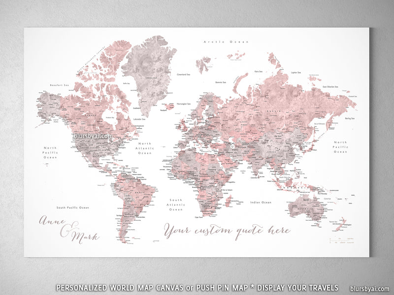 Custom world map with cities, canvas print or push pin map in dusty pink and gray. "Piper"