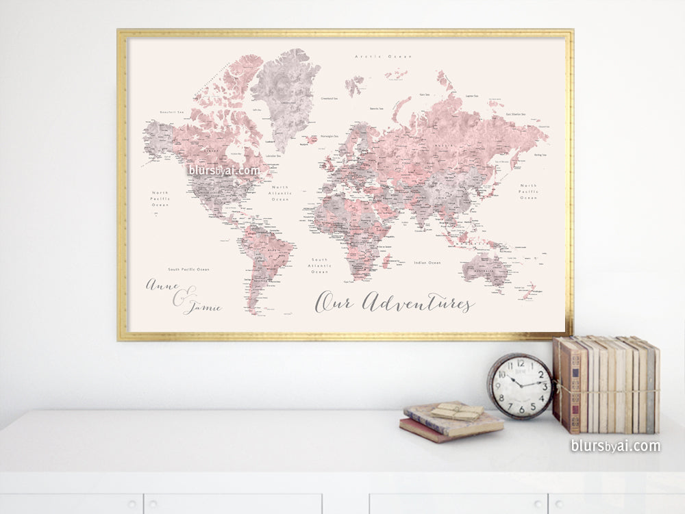 Custom map print: world map with cities in dusty pink, grey and nude. "Kaia"