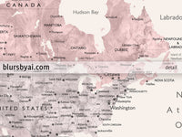 Custom map print: world map with cities in dusty pink, grey and nude. "Kaia"