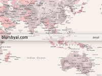 Custom map print: world map with cities in dusty pink, grey and nude. "Kaia"