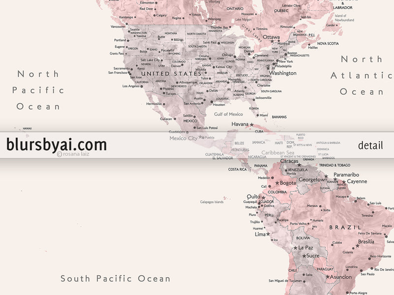 Custom map print: world map with cities in dusty pink, grey and nude. "Kaia"