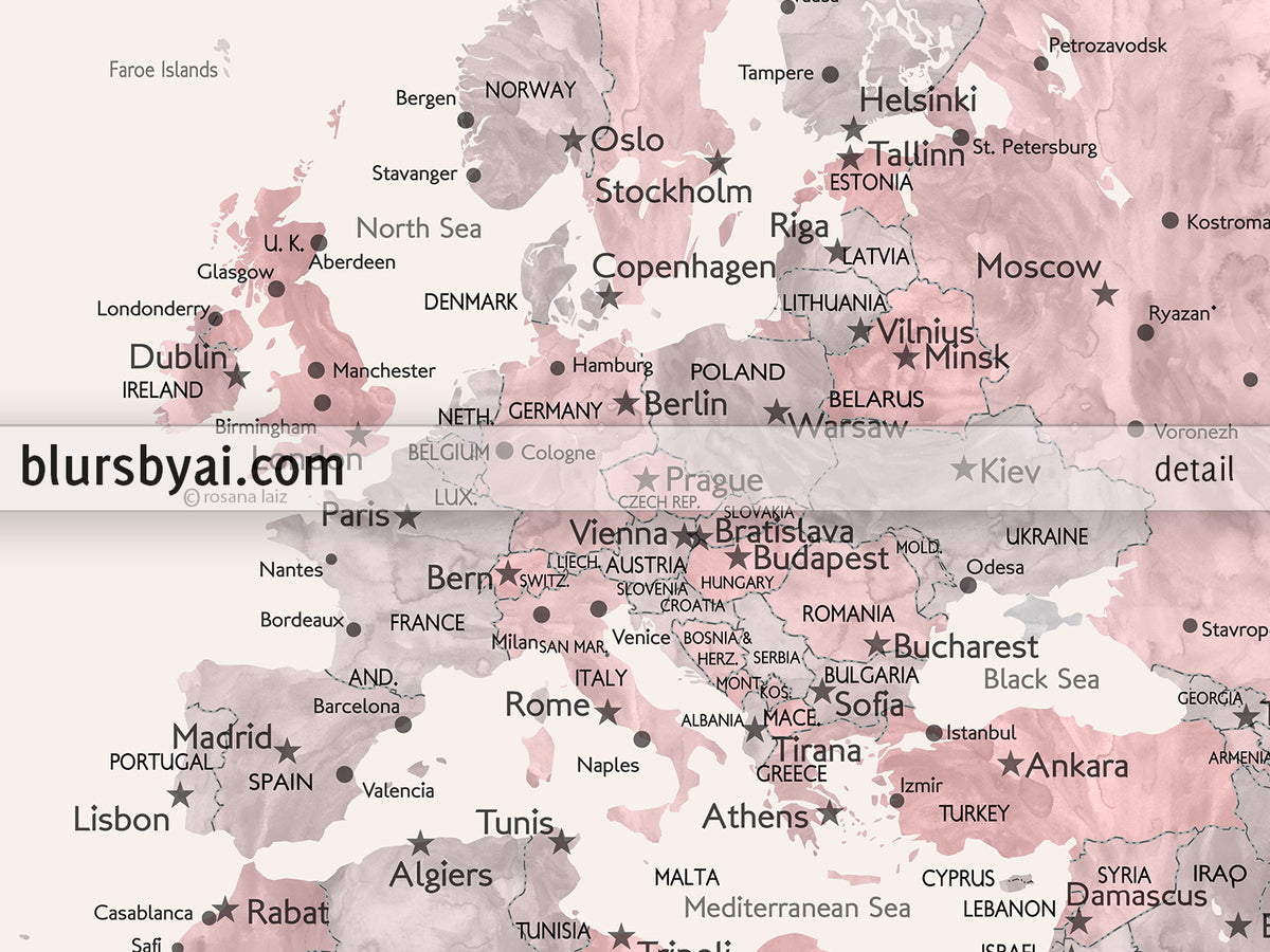 Custom map print: world map with cities in dusty pink, grey and nude. "Kaia"