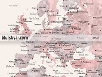Custom map print: world map with cities in dusty pink, grey and nude. "Kaia"
