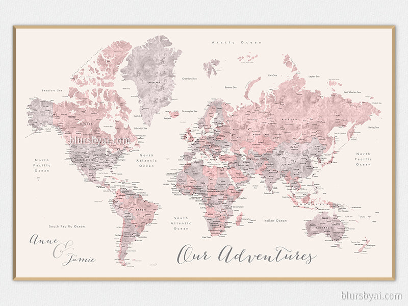 Custom map print: world map with cities in dusty pink, grey and nude. "Kaia"