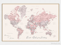 Custom map print: world map with cities in dusty pink, grey and nude. "Kaia"