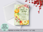 Editable pdf Thanksgiving invitation template: Give Thanks with flowers and pumpkins wreath