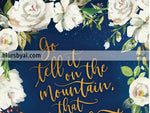 Editable pdf Christmas card template: go tell it on the mountain in navy blue floral background