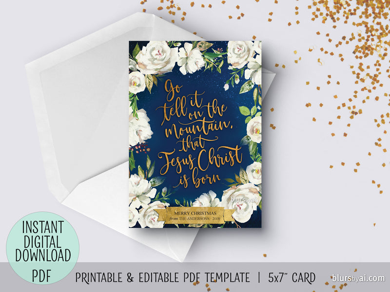 Editable pdf Christmas card template: go tell it on the mountain in navy blue floral background