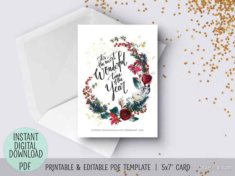 Editable pdf Christmas card template: It's the most wonderful time of the year!