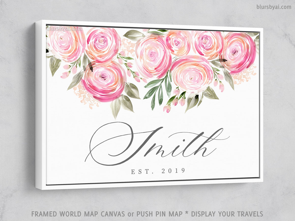 Custom family name canvas print, "Watercolor ranunculus"