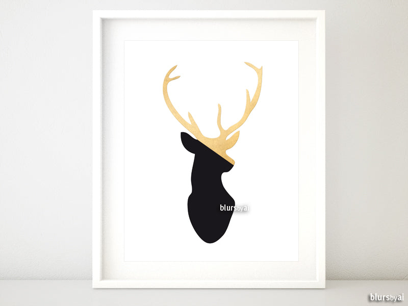 Black and gold deer head printable art - Personal use