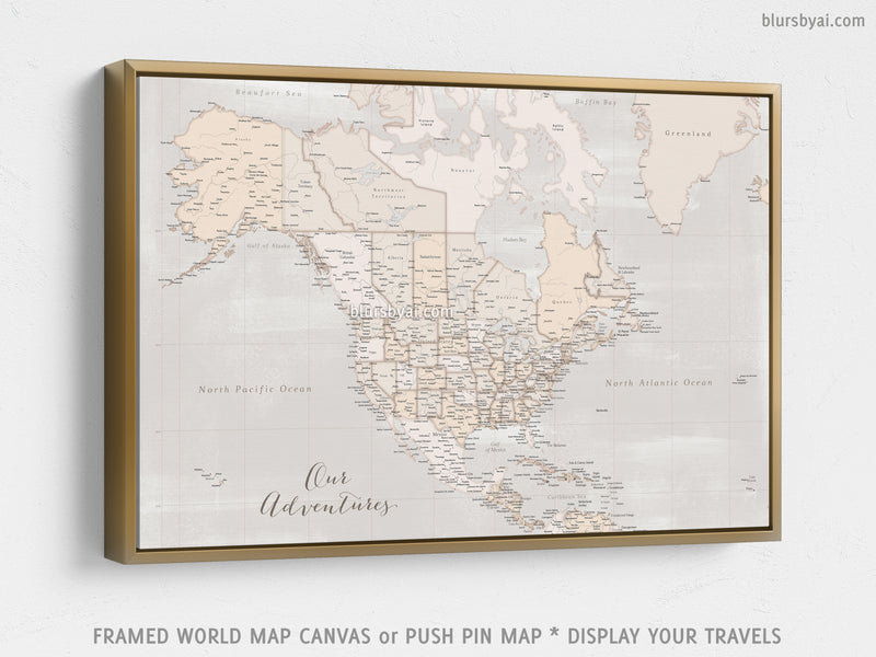 Custom map of North America, canvas print or push pin map in rustic style. "Lucille"