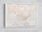 Custom map of North America, canvas print or push pin map in rustic style. "Lucille"