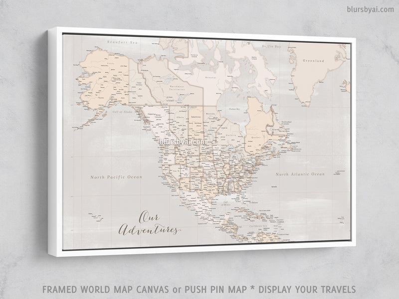 Custom map of North America, canvas print or push pin map in rustic style. "Lucille"