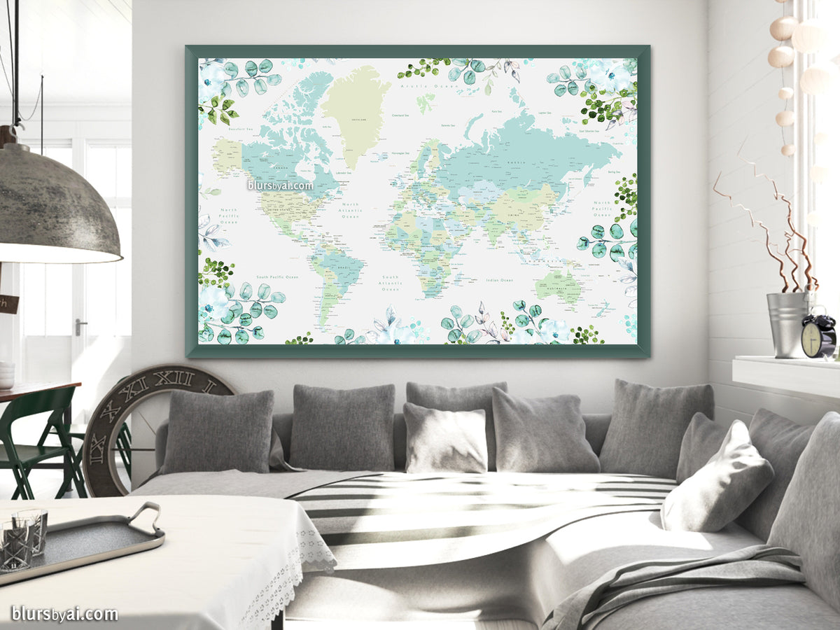 Greenery and flowers world map art print in mint and aquamarine