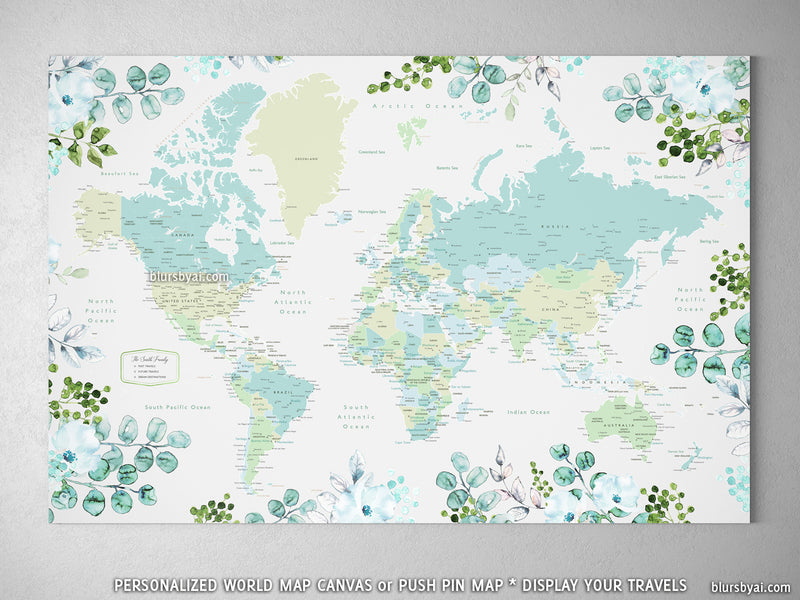 Custom world map with cities, canvas print or push pin map, floral and greenery watercolor