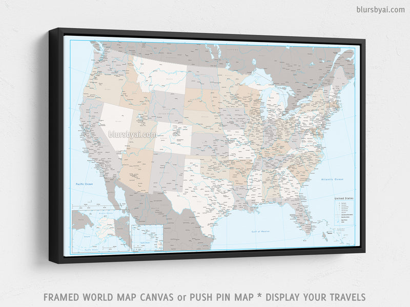 Custom USA map with cities, canvas print or push pin map in light and muted colors. "Keane"