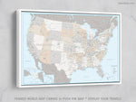 Custom USA map with cities, canvas print or push pin map in light and muted colors. "Keane"