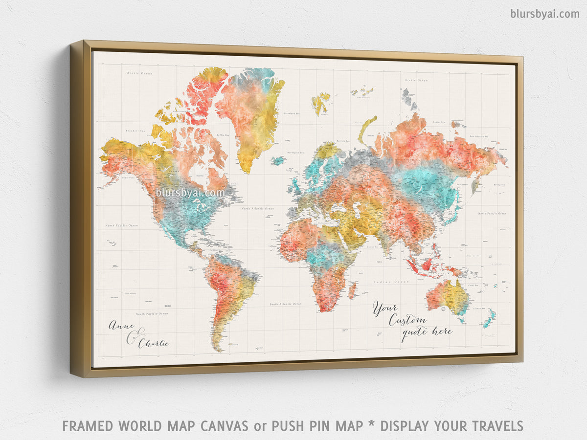 Custom large & highly detailed world map canvas print or push pin map in modern watercolors. "Fifi"