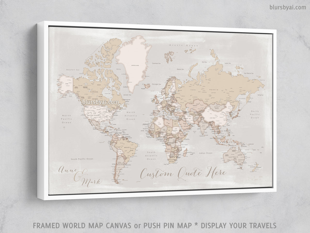 Custom world map with cities, canvas print or push pin map in rustic style. "Lucille"