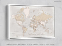 Custom world map with cities, canvas print or push pin map in rustic style. "Lucille"