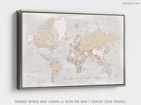 Custom world map with cities, canvas print or push pin map in rustic style. "Lucille"