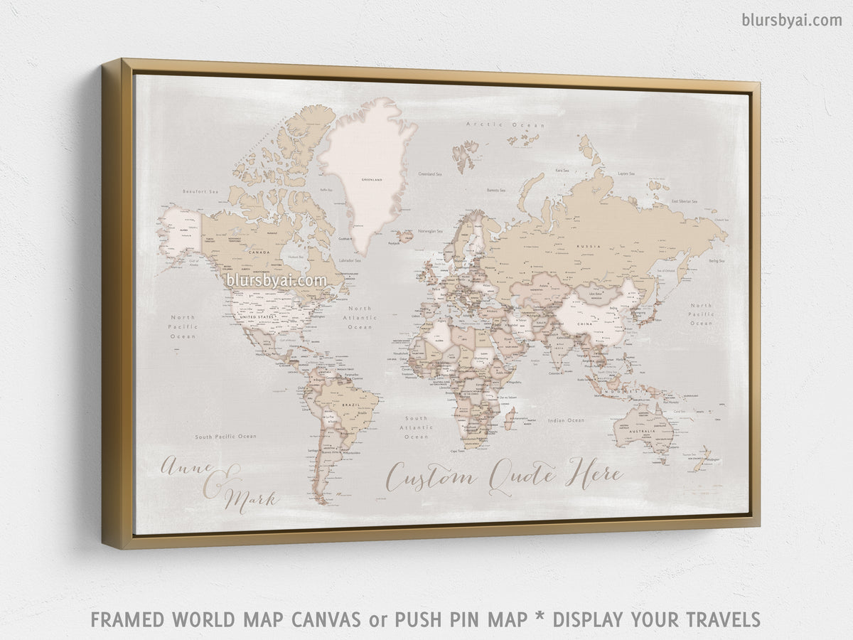 Custom world map with cities, canvas print or push pin map in rustic style. "Lucille"