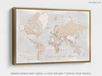 Custom world map with cities, canvas print or push pin map in rustic style. "Lucille"