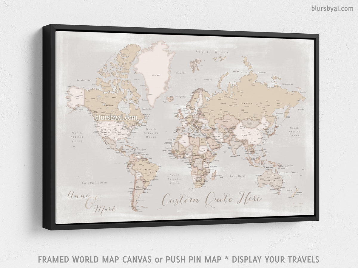 Custom world map with cities, canvas print or push pin map in rustic style. "Lucille"