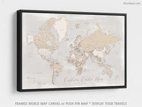 Custom world map with cities, canvas print or push pin map in rustic style. "Lucille"