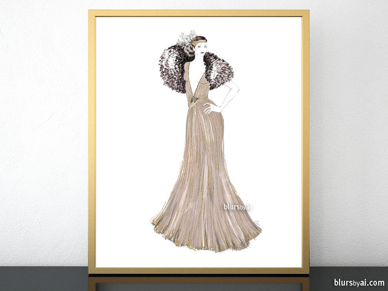 Printable fashion illustration of a 1920's gown in neutrals and gold