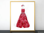 Printable fashion illustration of a silver glitter and red gown