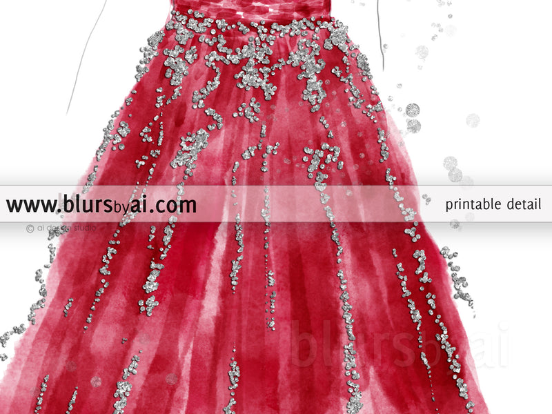 Printable fashion illustration of a silver glitter and red gown