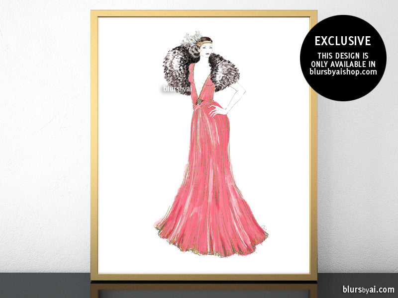 Printable fashion illustration of a 1920's gown in pink and gold