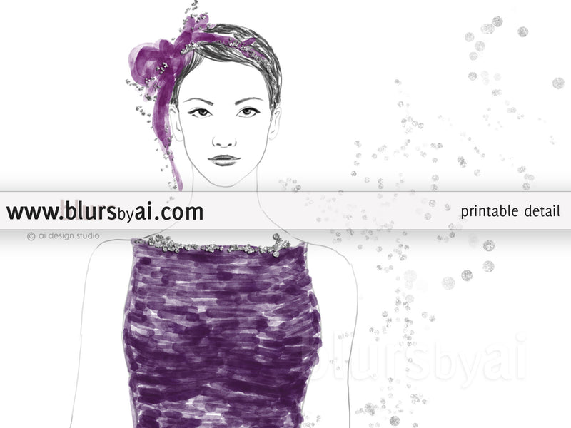 Printable fashion illustration of a silver glitter and purple gown