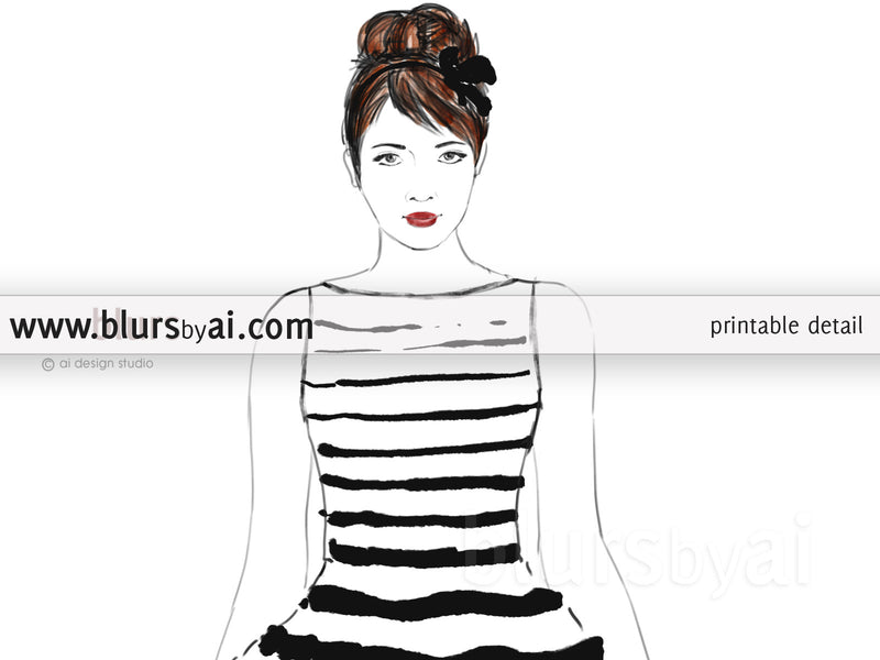 Printable fashion illustration of a black and white stripped summer dress