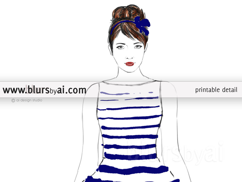Printable fashion illustration of a navy blue and white stripped summer dress