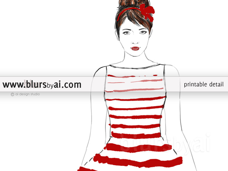 Printable fashion illustration of a red and white stripped summer dress
